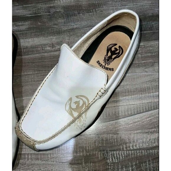 SKECHERS White Leather Dragon Slip On Driving Shoes Men Size 9.5 - Picture 2 of 7
